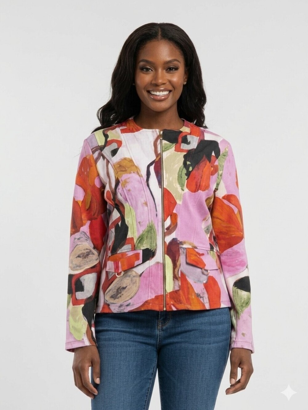 Women's Simply Art by Dolcezza Pink Red Abstract Print Zipper Jacket - Medium